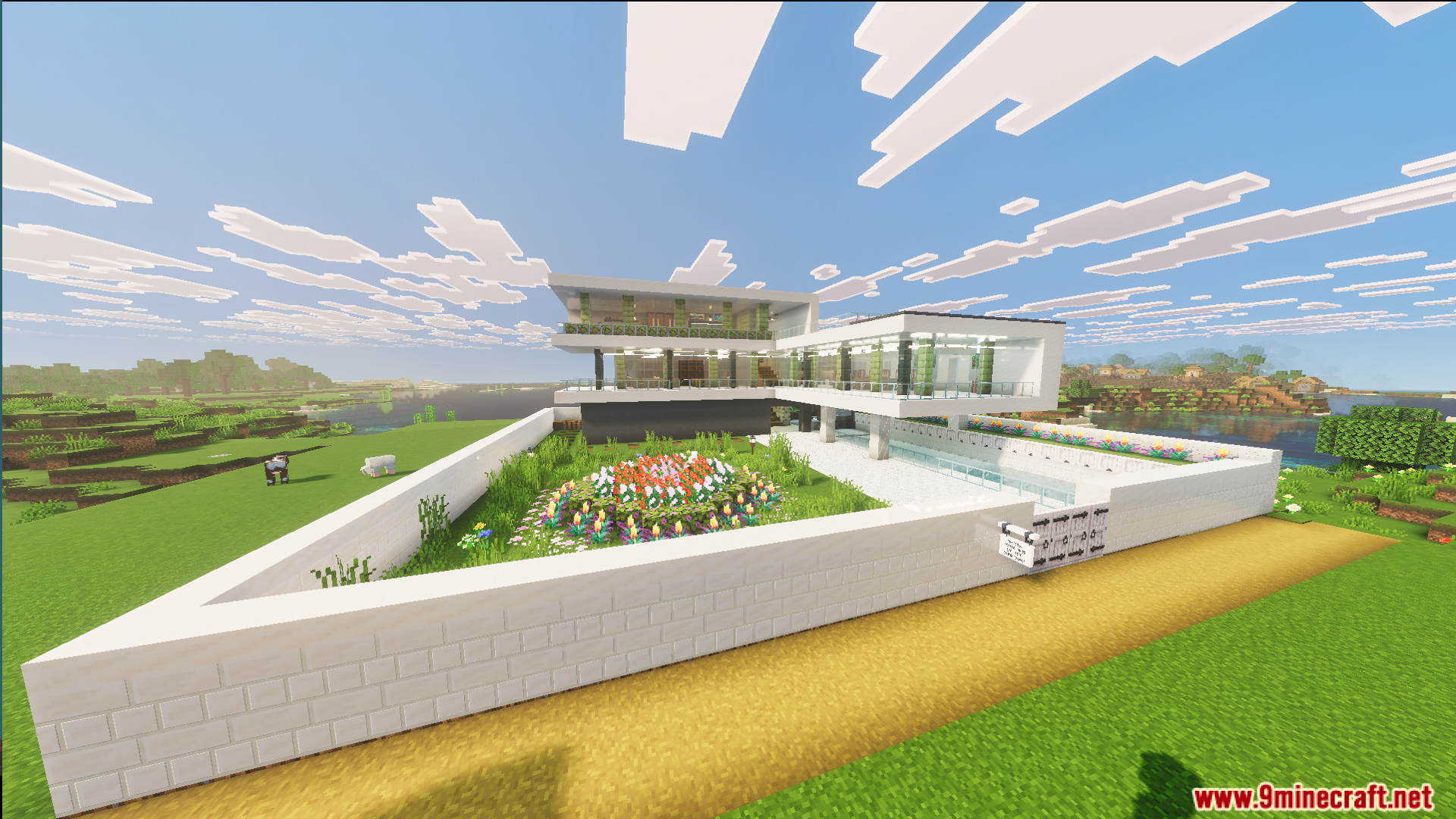 Survival Modern House Map features a large white mansion with a flower garden