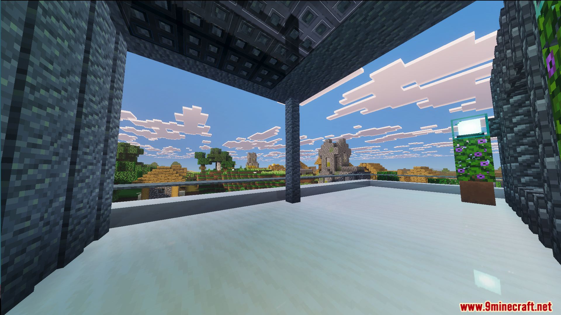 Survival Modern House 44 Map Screenshot 1 Modern balcony overlooking a village in the plains biome with glass railings