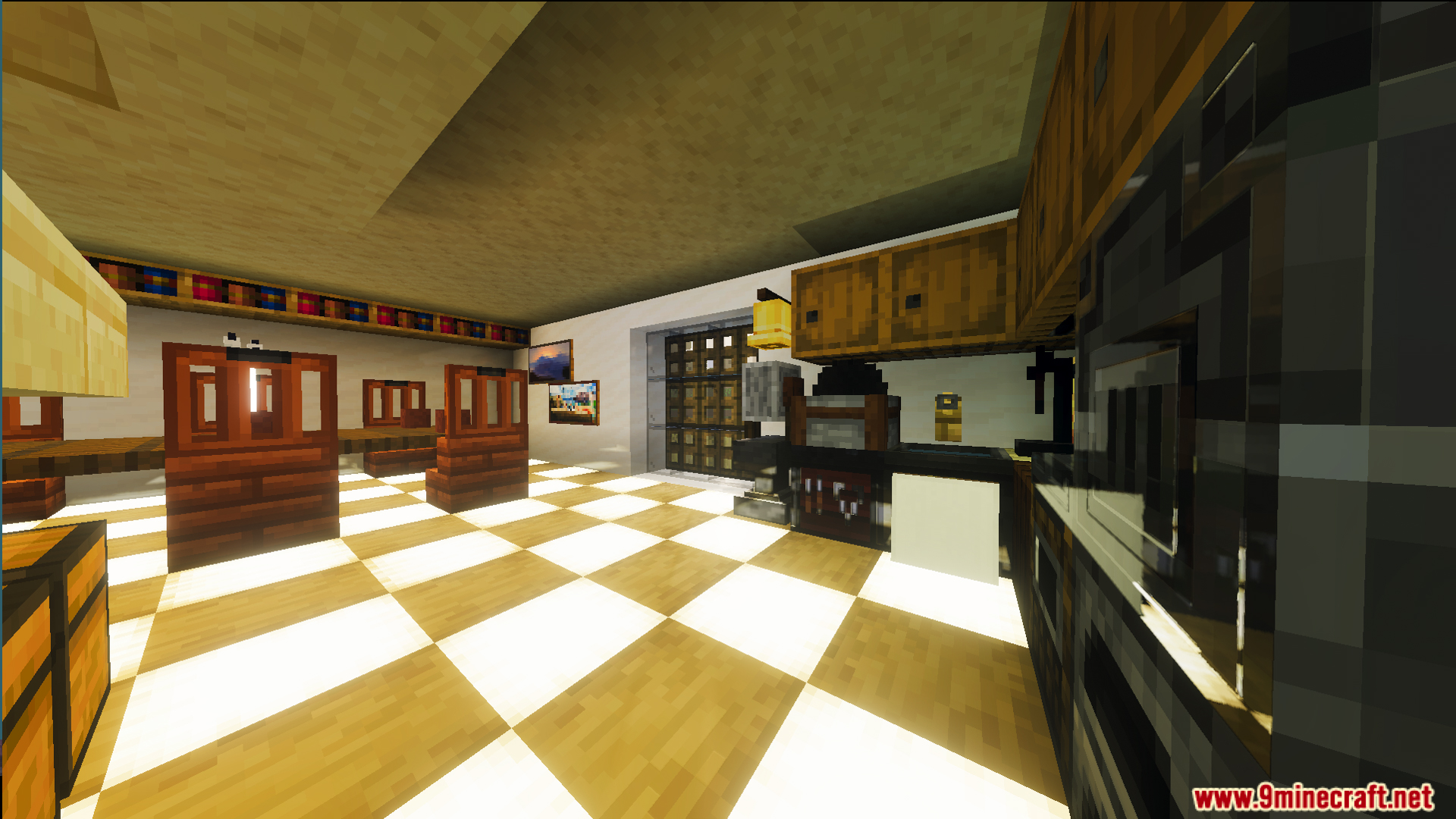 Survival Modern House 44 Map Screenshot 2 Modern house interior featuring checkered floors and a large screen on the wall