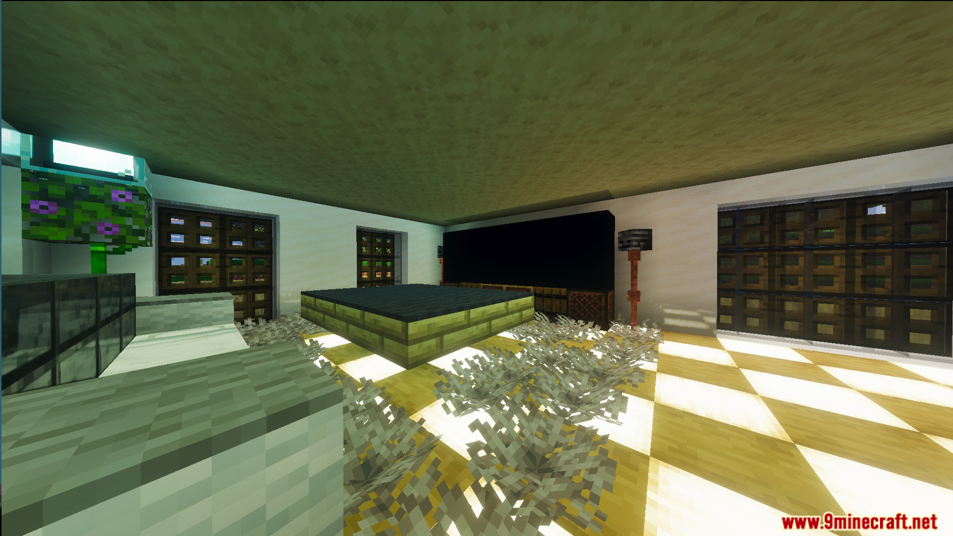 Survival Modern House 44 Map Screenshot 4 Fully decorated modern interior with a large screen and glowing floor blocks