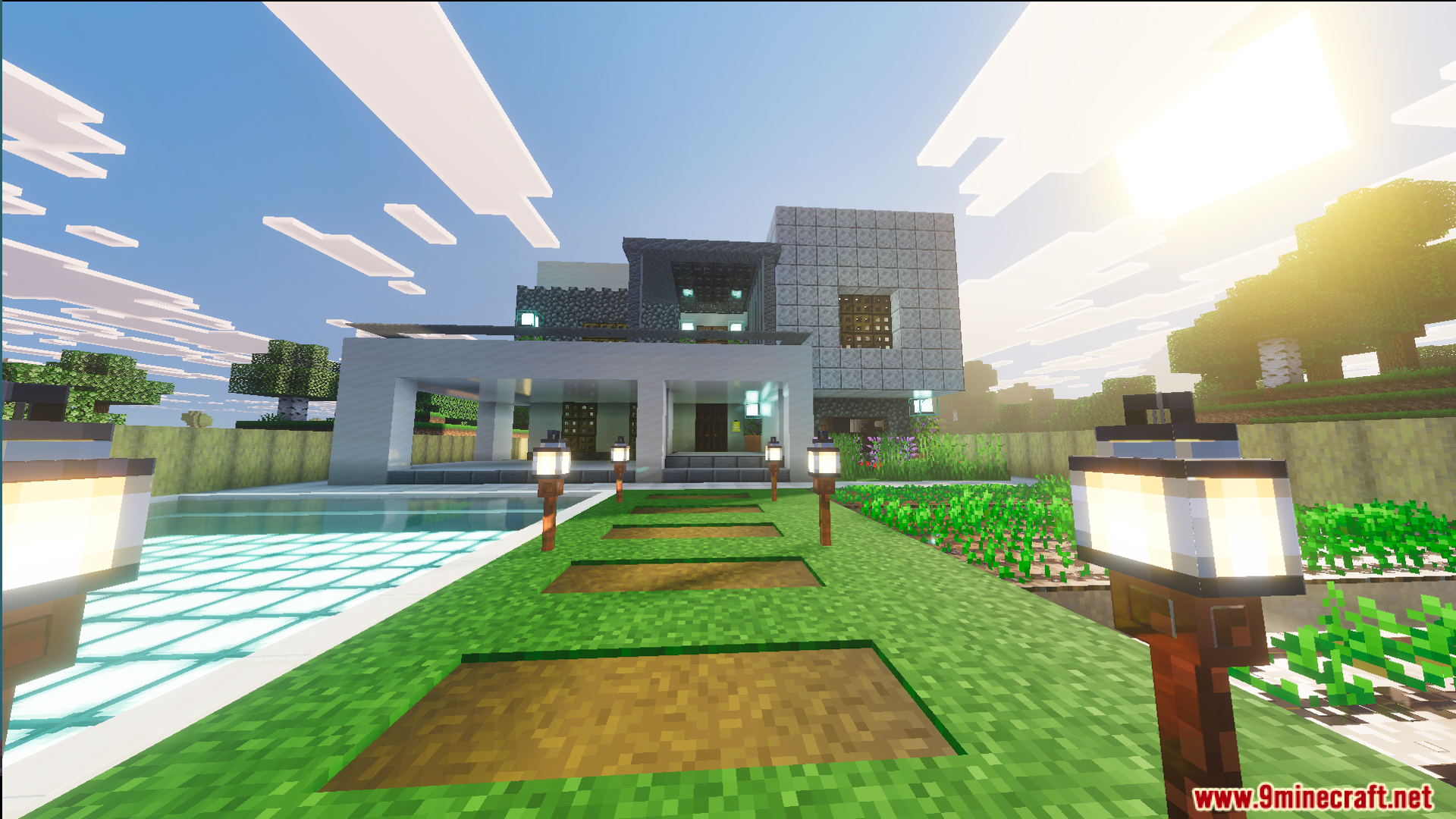 Survival Modern House 44 Map Screenshot 5 Modern white villa with a garden path and swimming pool in the plains