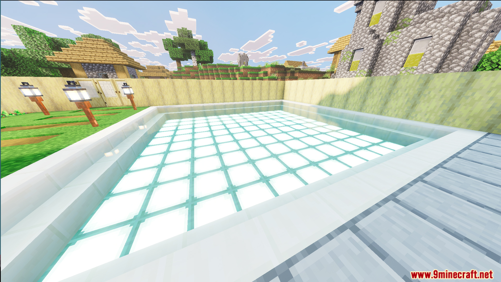 Survival Modern House 44 Map Screenshot 6 Private swimming pool with glowing blocks located next to a lively village