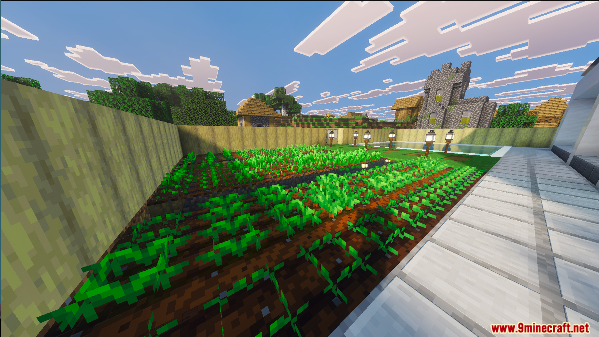 Survival Modern House 44 Map Screenshot 7 Lush garden with crops and a swimming pool outside the Survival Modern House