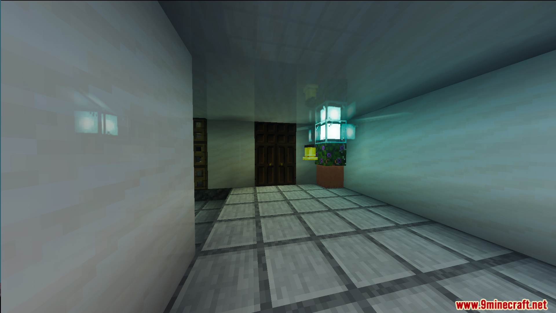 Survival Modern House 44 Map Screenshot 8 Modern interior featuring white walls tiled floors and a glowing decorative light block