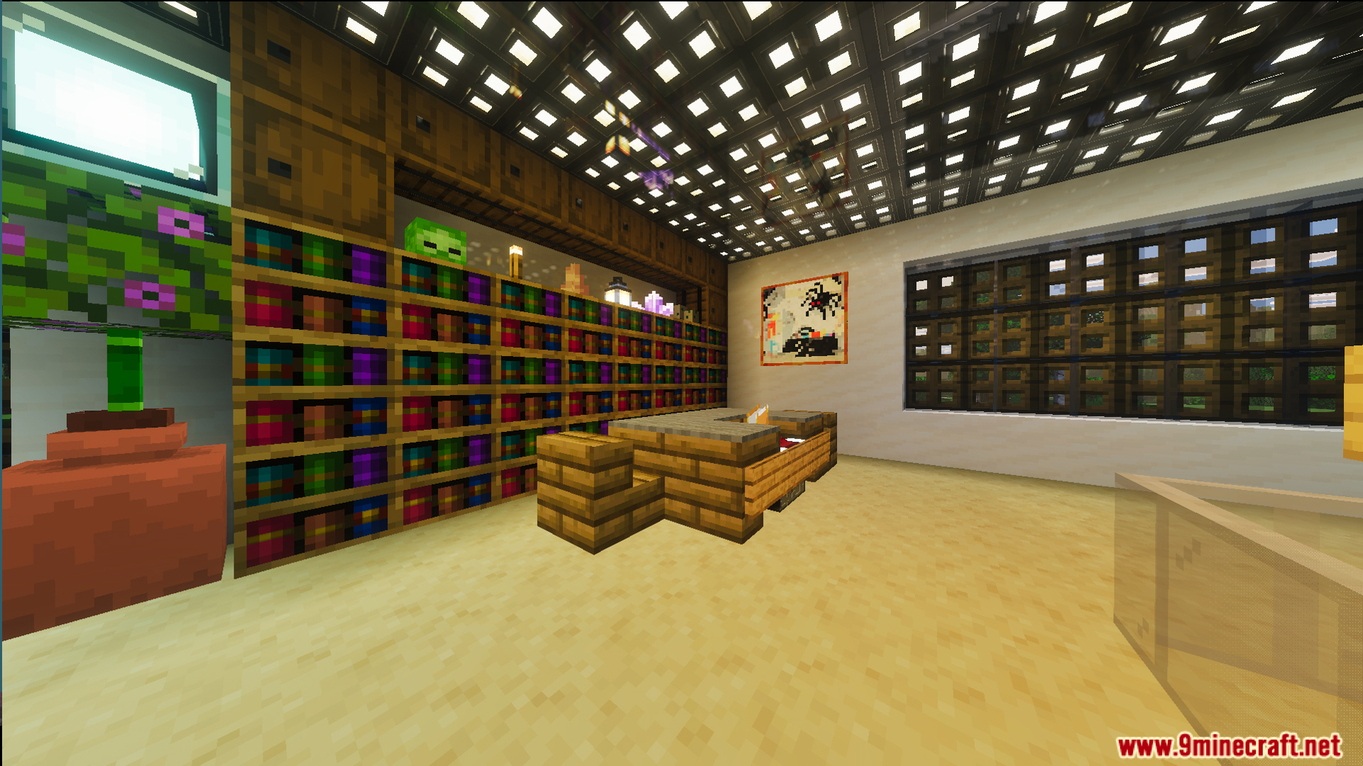 Survival Modern House 44 Map Screenshot 9 Modern interior room with colorful bookshelves a large screen and glowing ceiling blocks