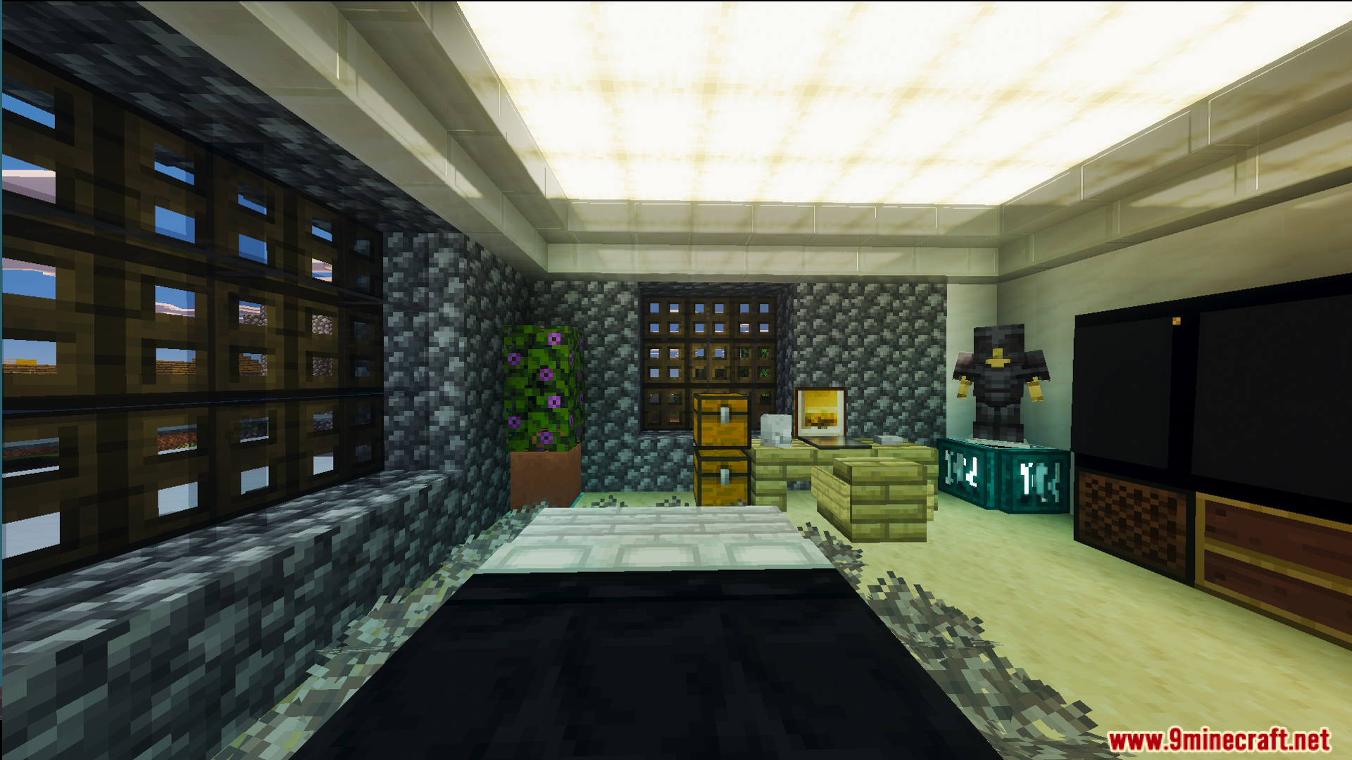 Survival Modern House 44 Map Screenshot 12 Fully decorated interior with a large screen and glowing ceiling blocks