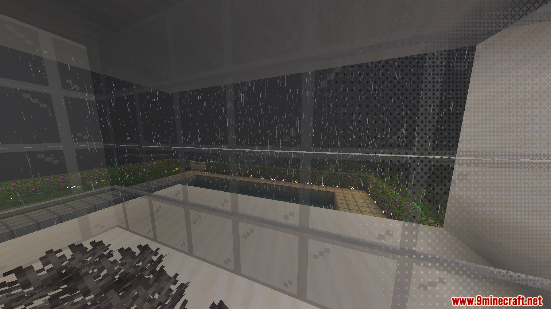 Survival Modern House 85 Map features large glass windows overlooking a swimming pool
