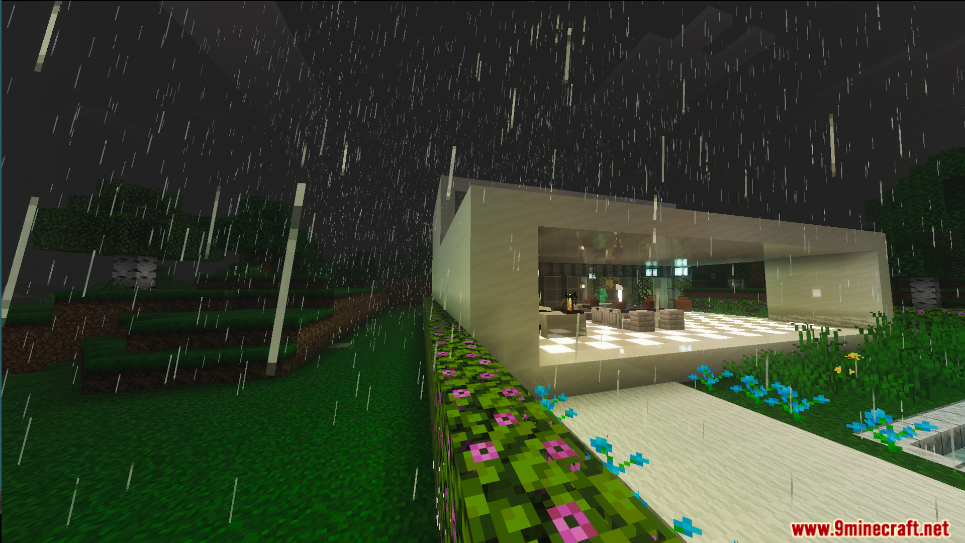 Modern white home in a green plains biome with an outdoor pool