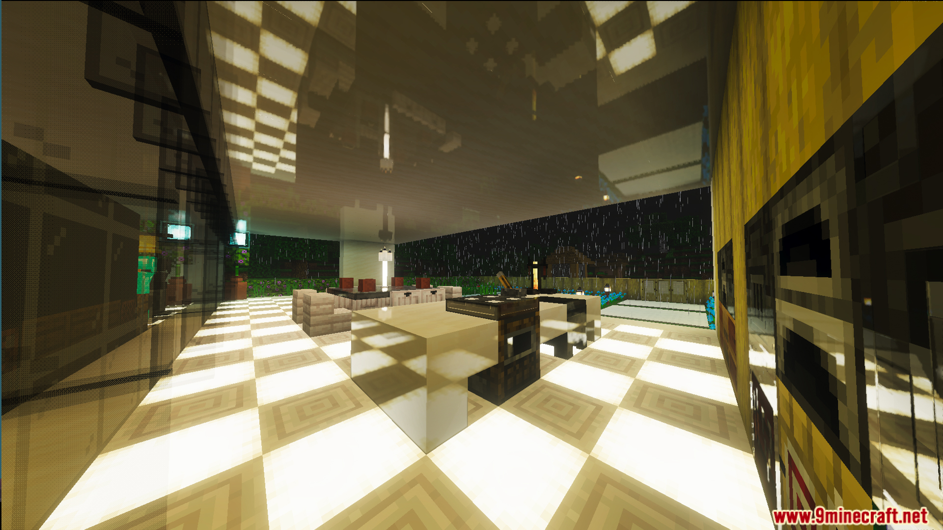 Survival Modern House 42 Map interior with glowing floor tiles and rain