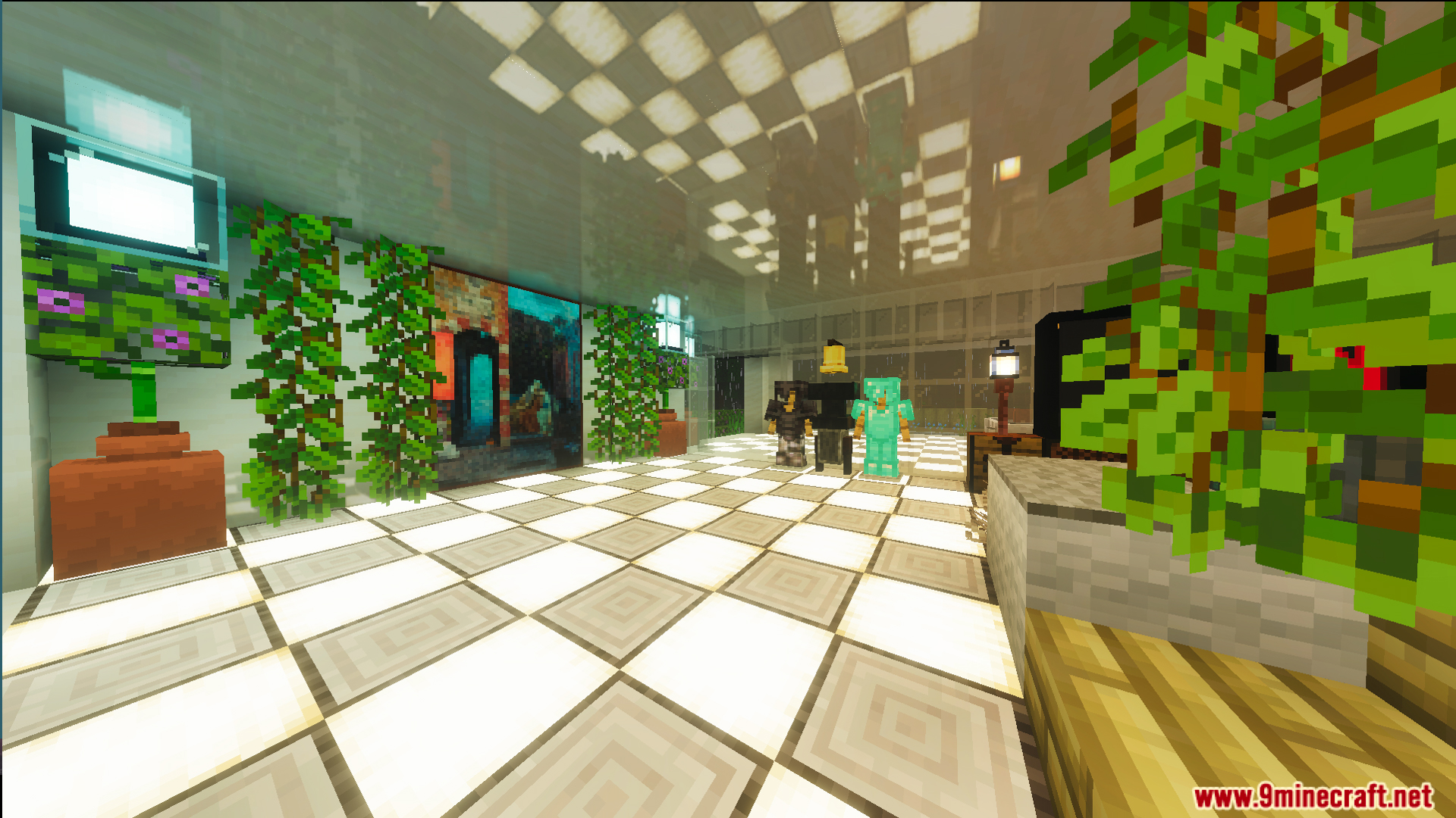 Survival Modern House 42 Map interior featuring glowing checkered floor tiles and plants
