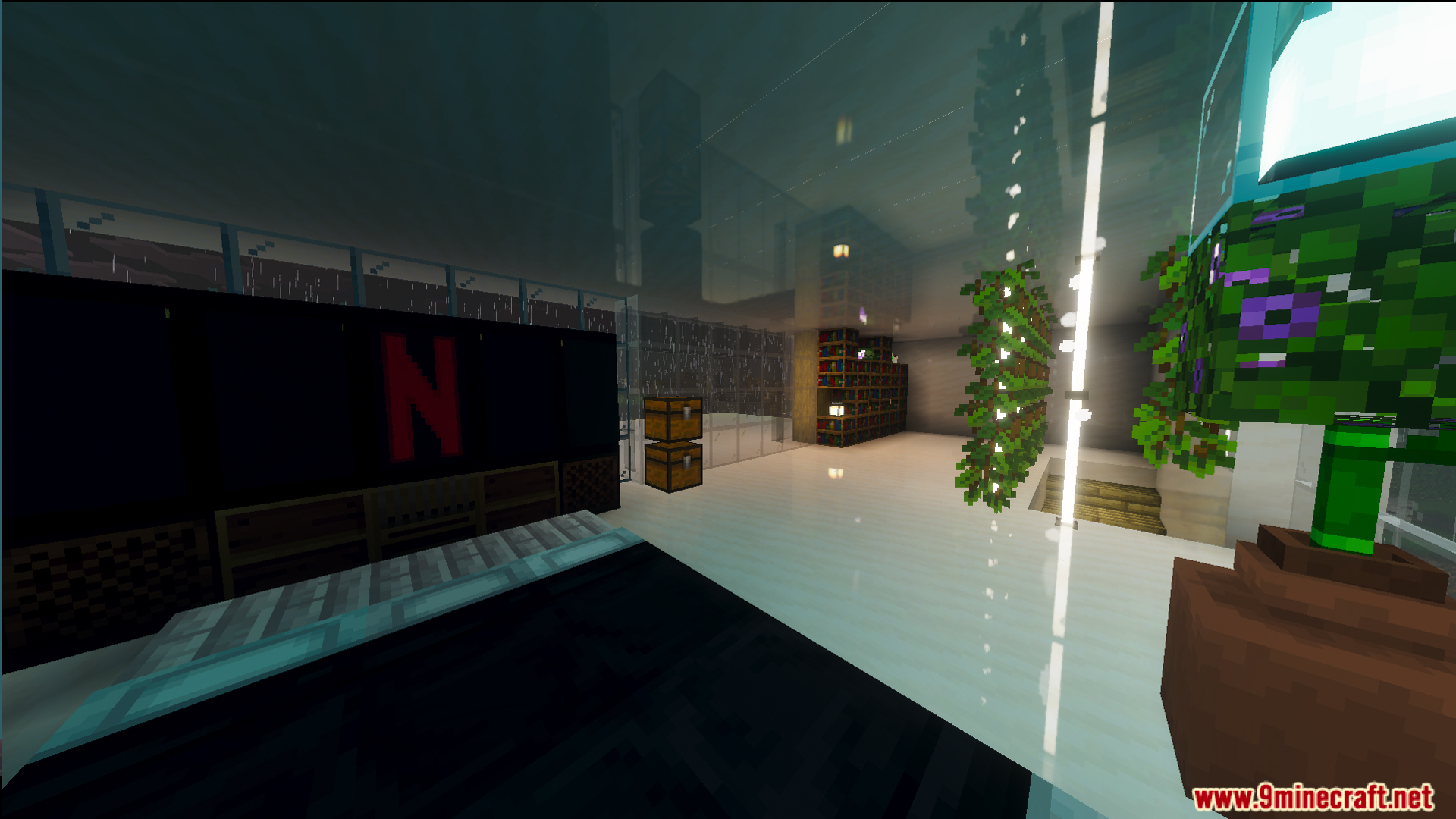 Survival Modern House Map interior with a television and glowing floor tiles