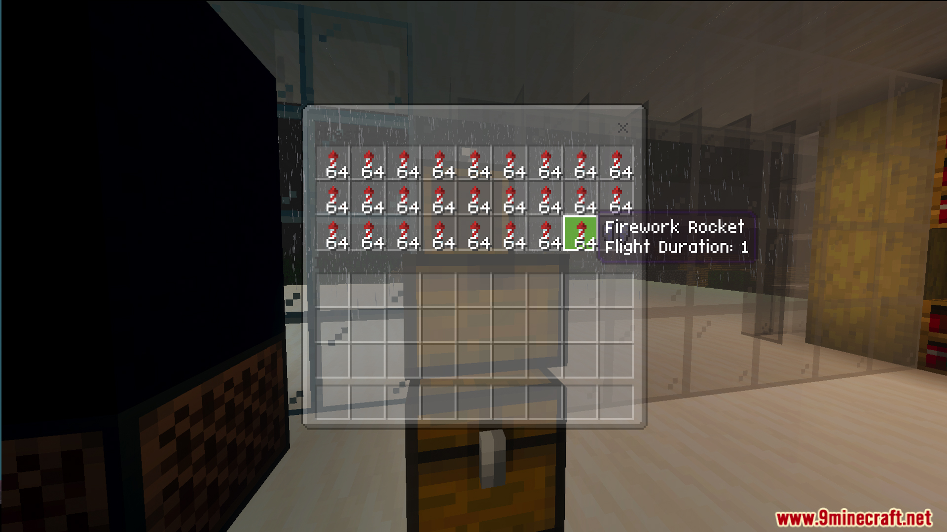 Chest inventory filled with stacks of firework rockets found inside the base