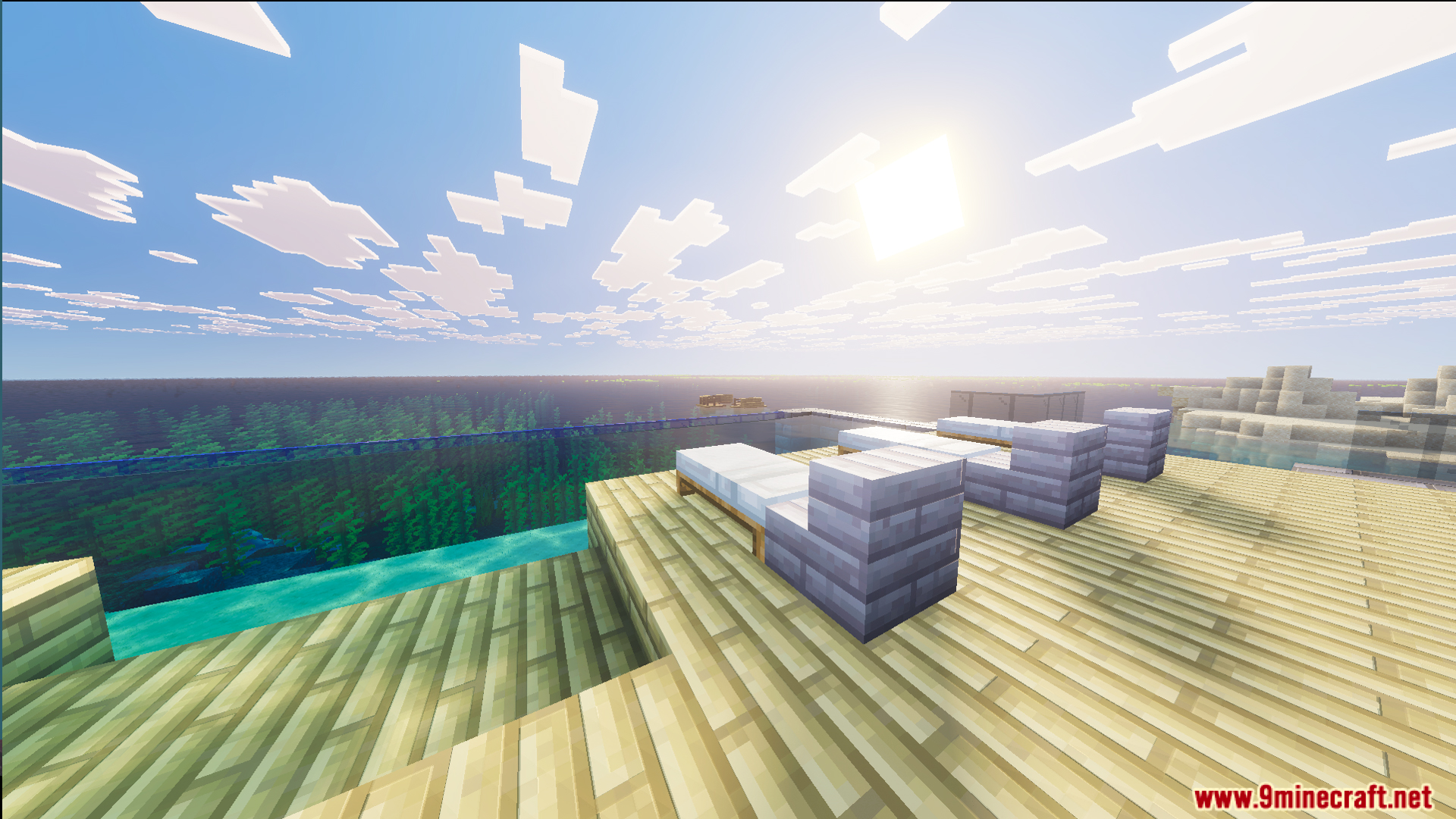 Survival Modern House 84 Map Screenshot 4 White lounge chairs on a wooden deck next to a glass swimming pool