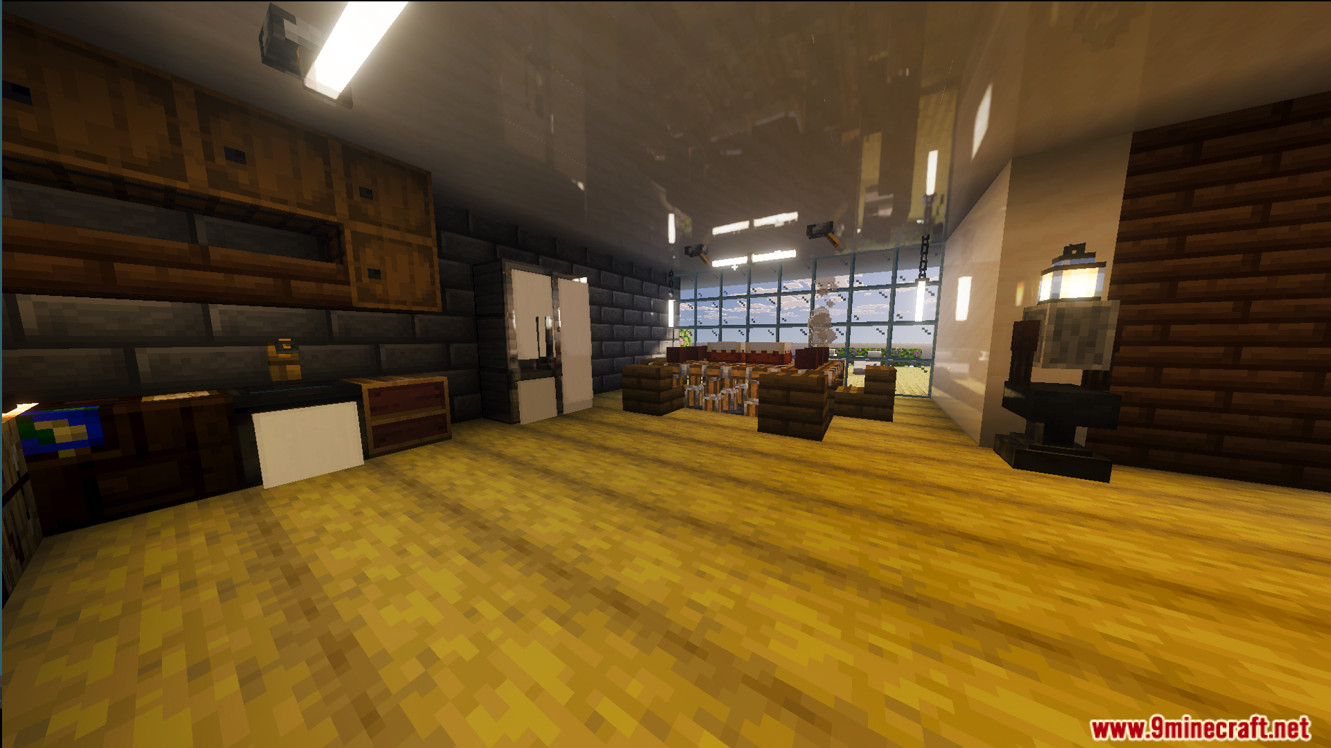 Survival Modern House 84 Map Screenshot 5 Modern kitchen interior featuring wooden floors and dark stone brick walls