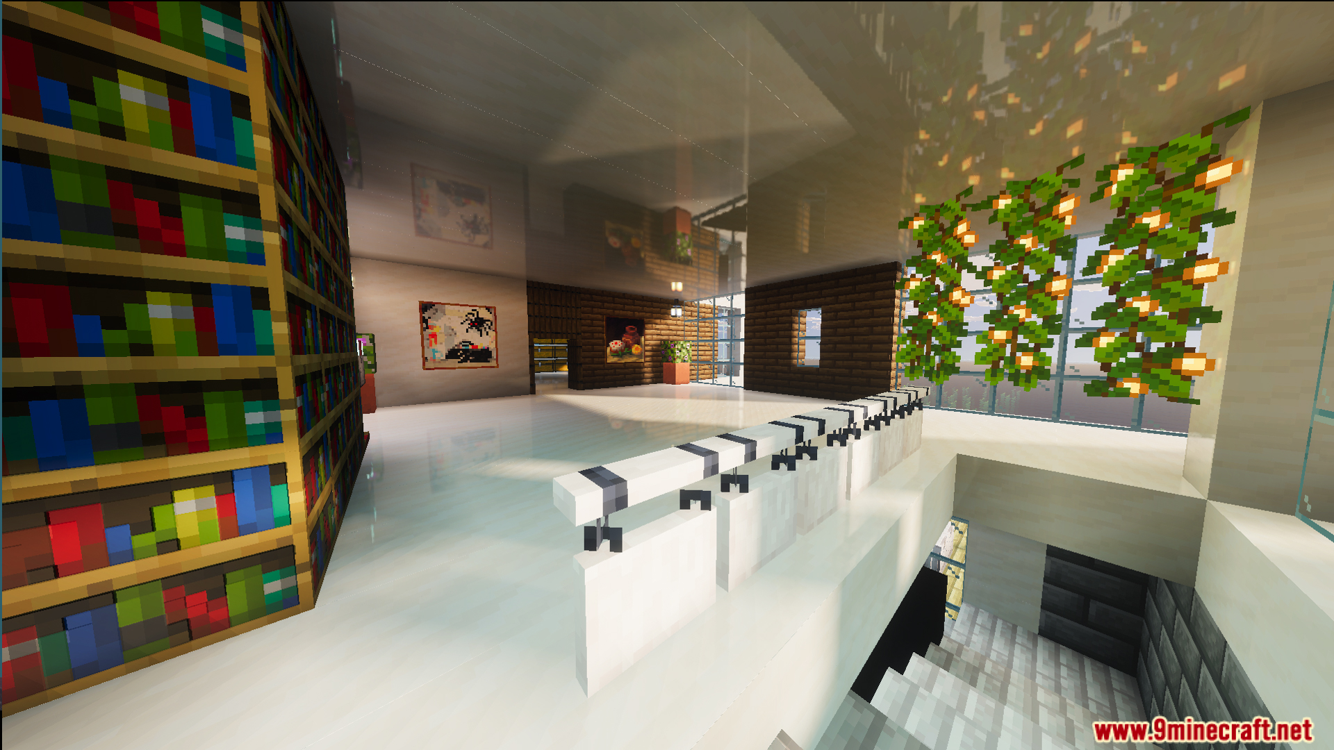 Survival Modern House 84 Map Screenshot 7 Survival Modern House Map interior featuring a large bookshelf and white floors