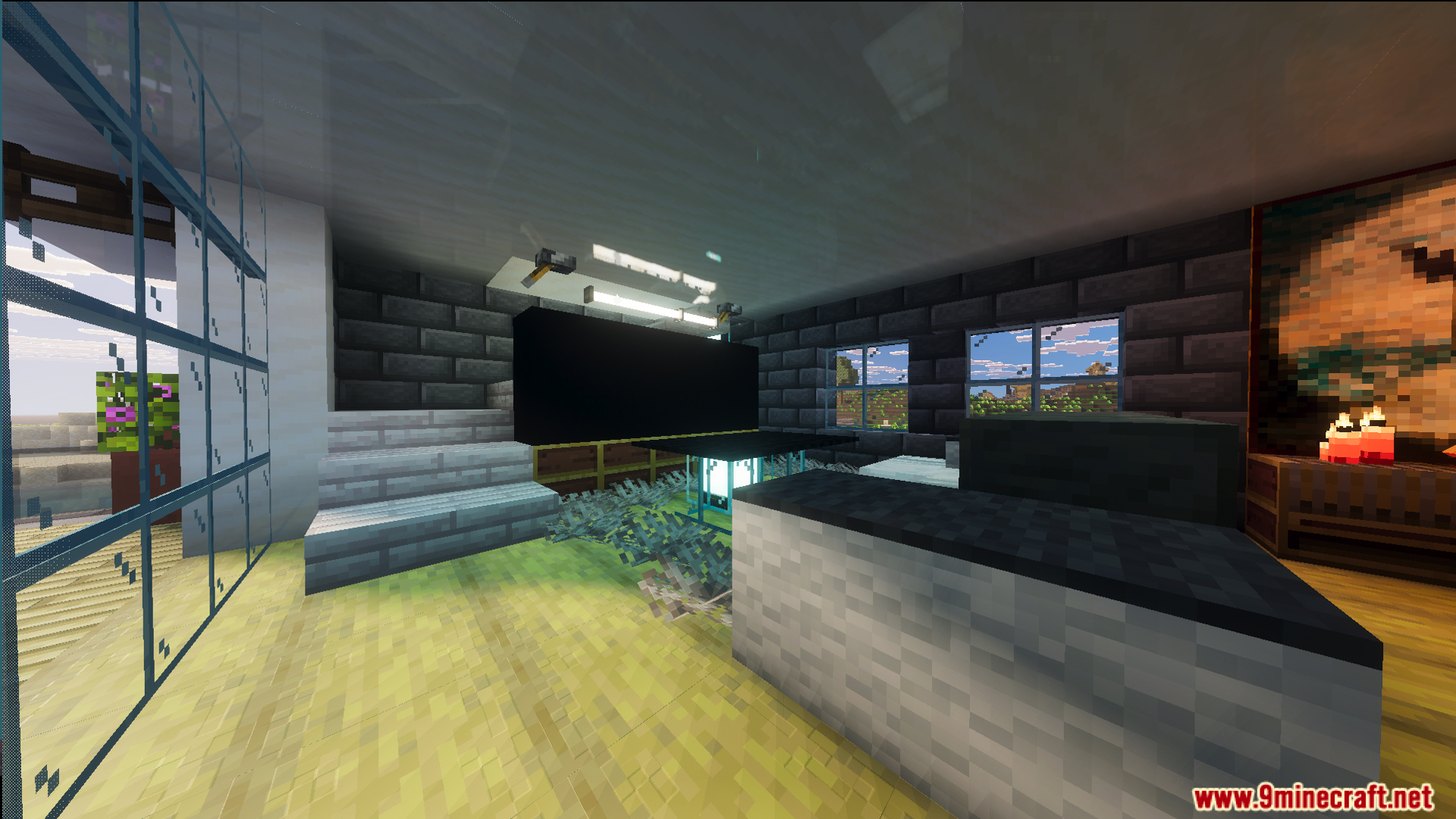 Survival Modern House 84 Map Screenshot 8 Decorated room inside a modern house with stone brick walls and black screen