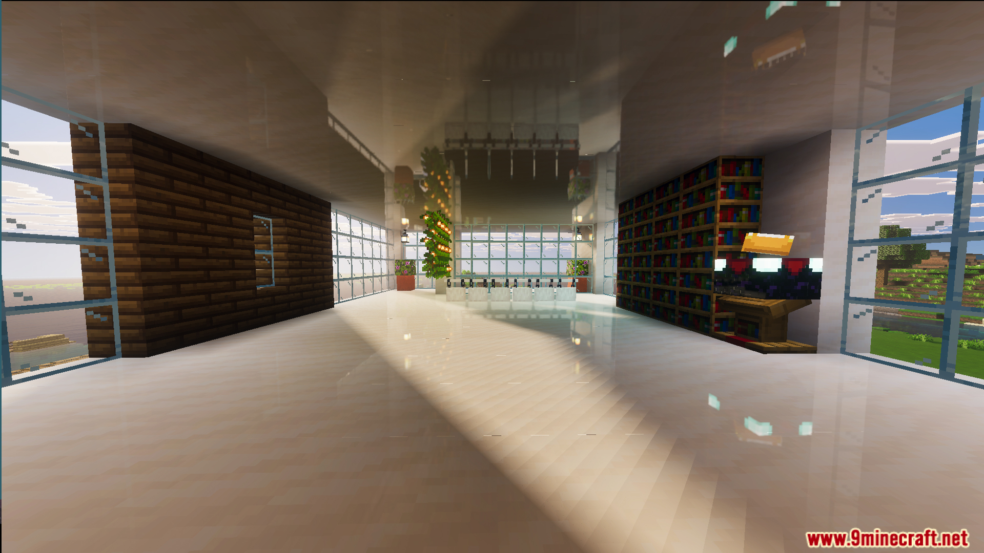 Survival Modern House 84 Map Screenshot 9 Interior of the Survival Modern House map featuring a library and large windows