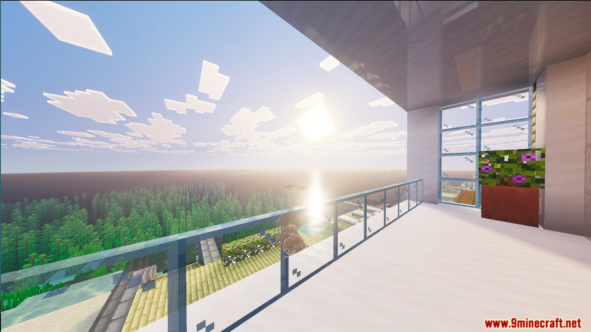 Survival Modern House 84 Map Screenshot 10 Outdoor patio of the modern house overlooking a lush forest and bright sun