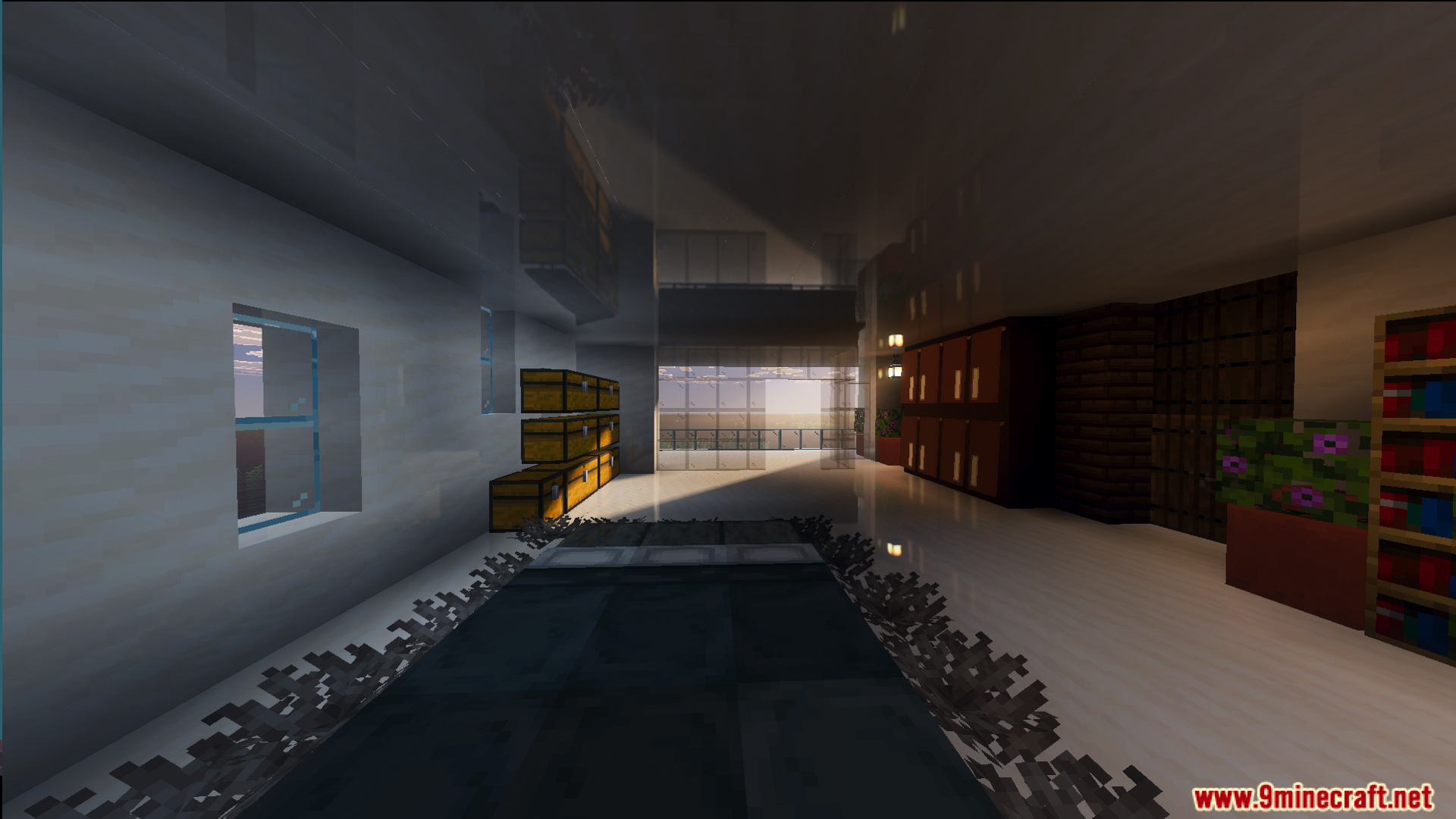 Survival Modern House 84 Map Screenshot 12 Modern house interior with stacked storage chests and a bed near windows