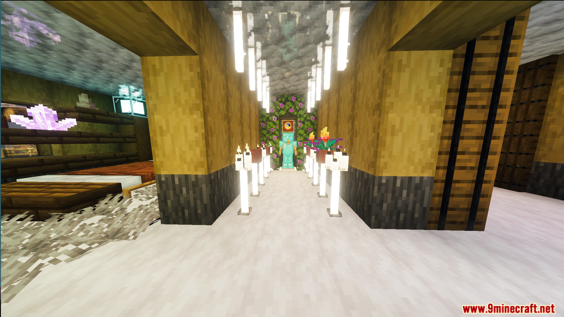 Interior hallway decorated with white candles and an armor stand at the end