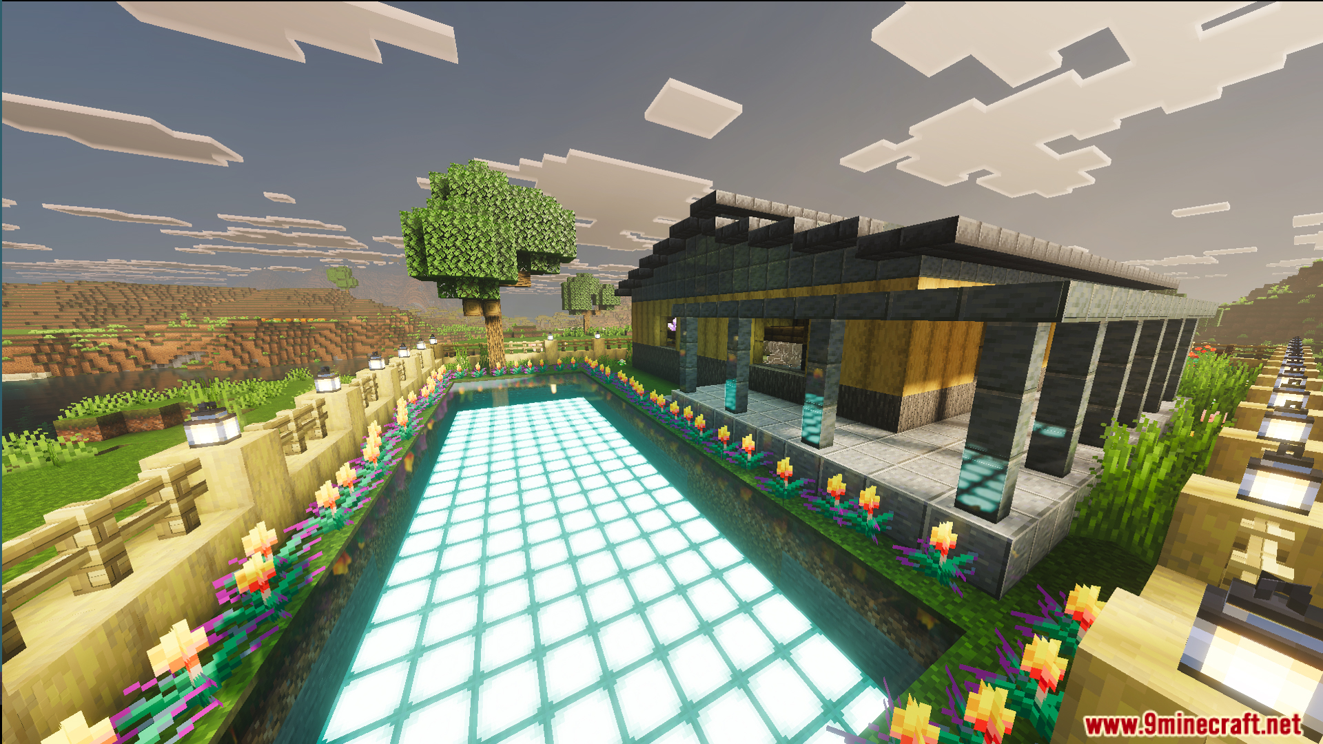 Survival Modern House Map features a stylish home with a glowing pool