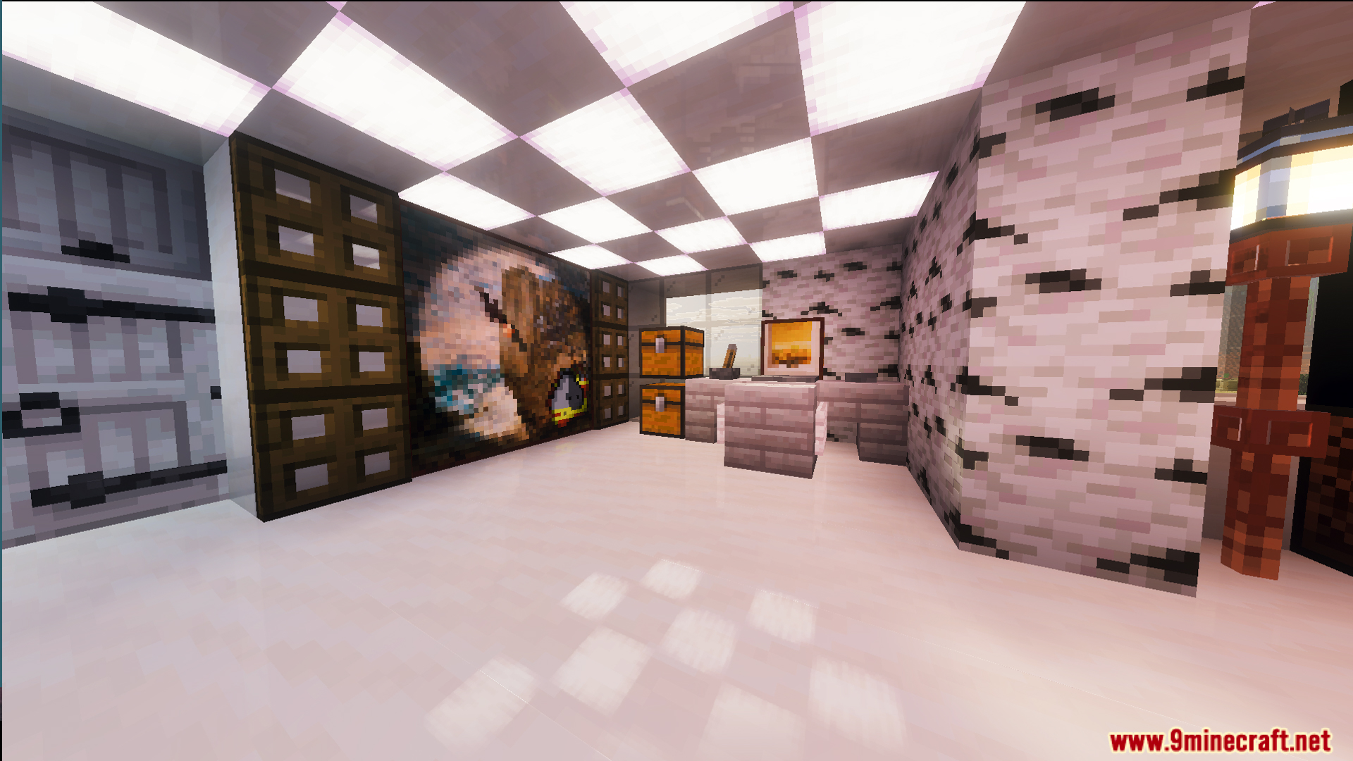 Modern interior room with a glowing checkered ceiling and birch wood walls