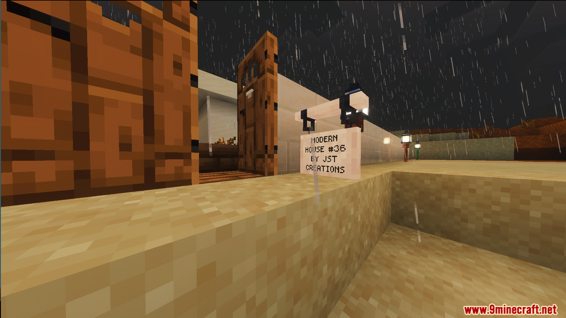 Sign marking the entrance of a modern house in a rainy desert biome