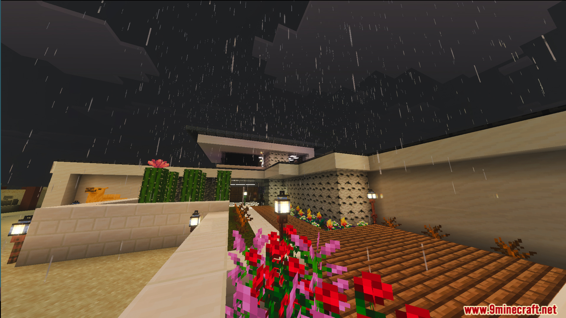 Survival Modern House 36 Map exterior with a cactus garden during the rain
