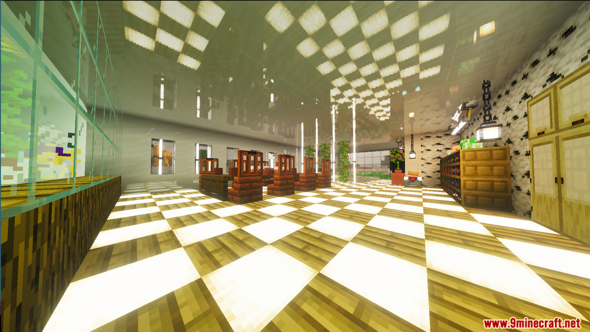 Modern kitchen interior with a glowing checkered floor and wooden dining furniture