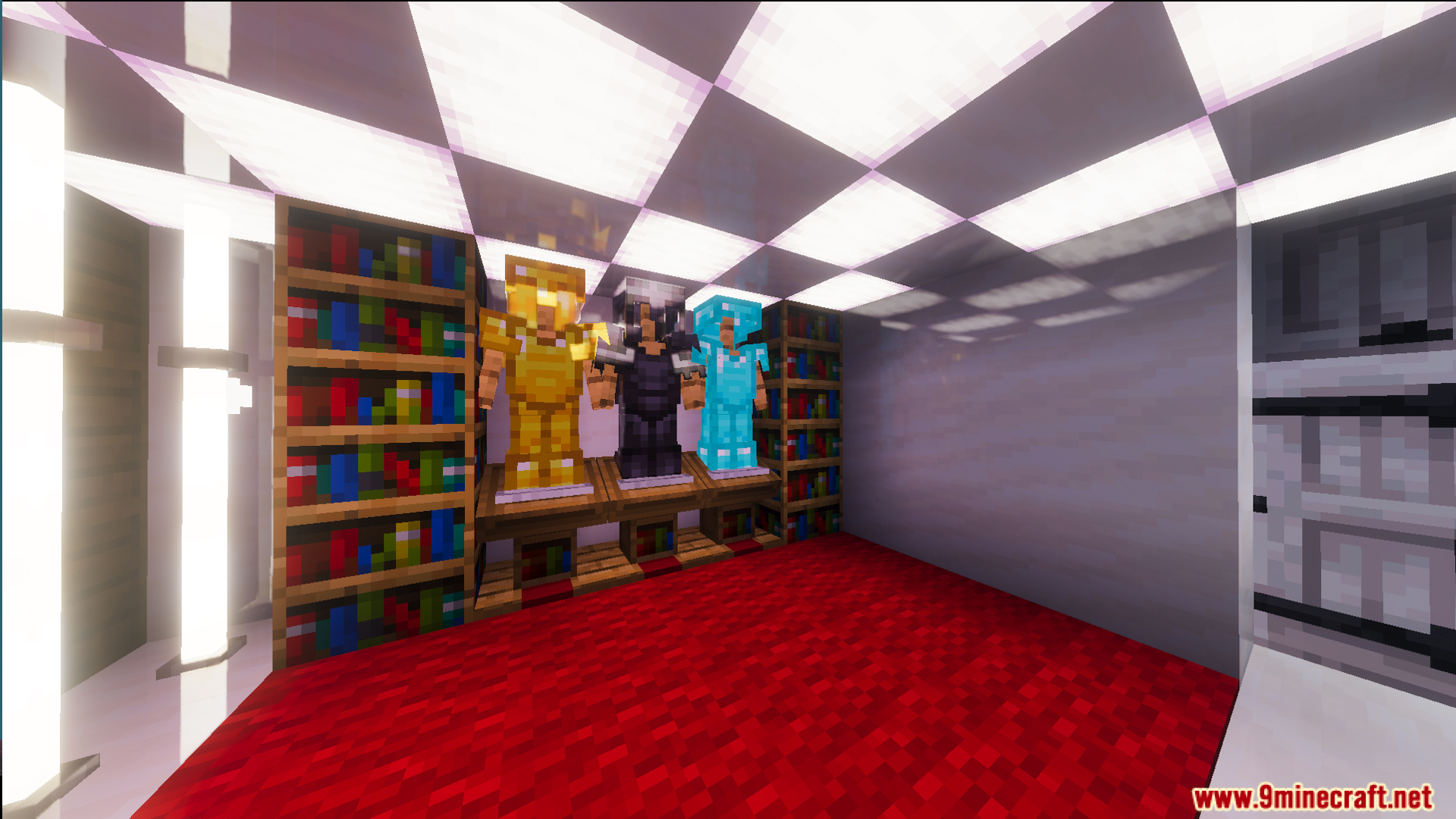 Three armor stands with gear sets placed between bookshelves on a red carpet