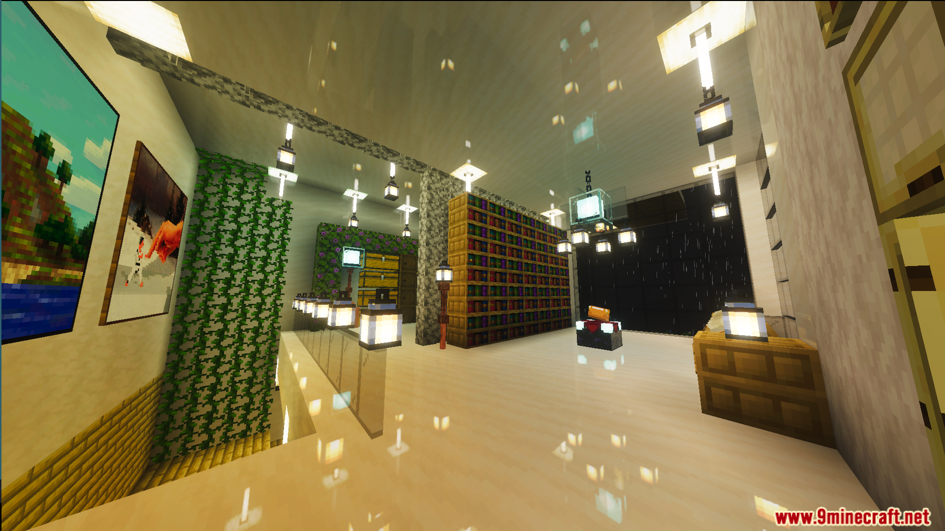 Survival Modern House 6 Map Screenshot 1 Interior of Survival Modern House 6 Map with bookshelves and hanging lanterns