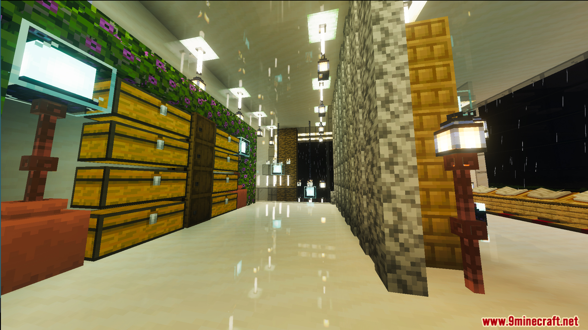 Survival Modern House 6 Map Screenshot 3 Survival Modern House 6 Map interior featuring stacked chests and bright hanging lanterns