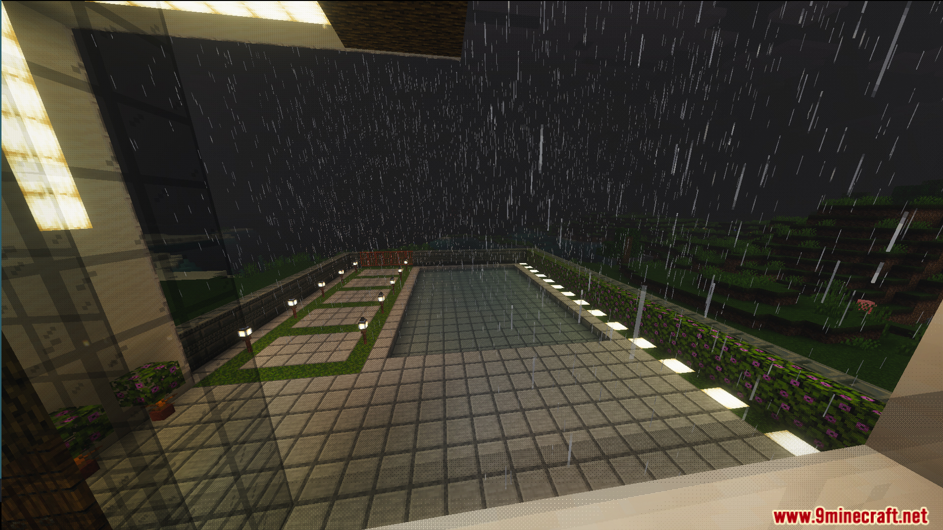 Survival Modern House 6 Map Screenshot 4 Outdoor swimming pool and garden area seen through a window at night