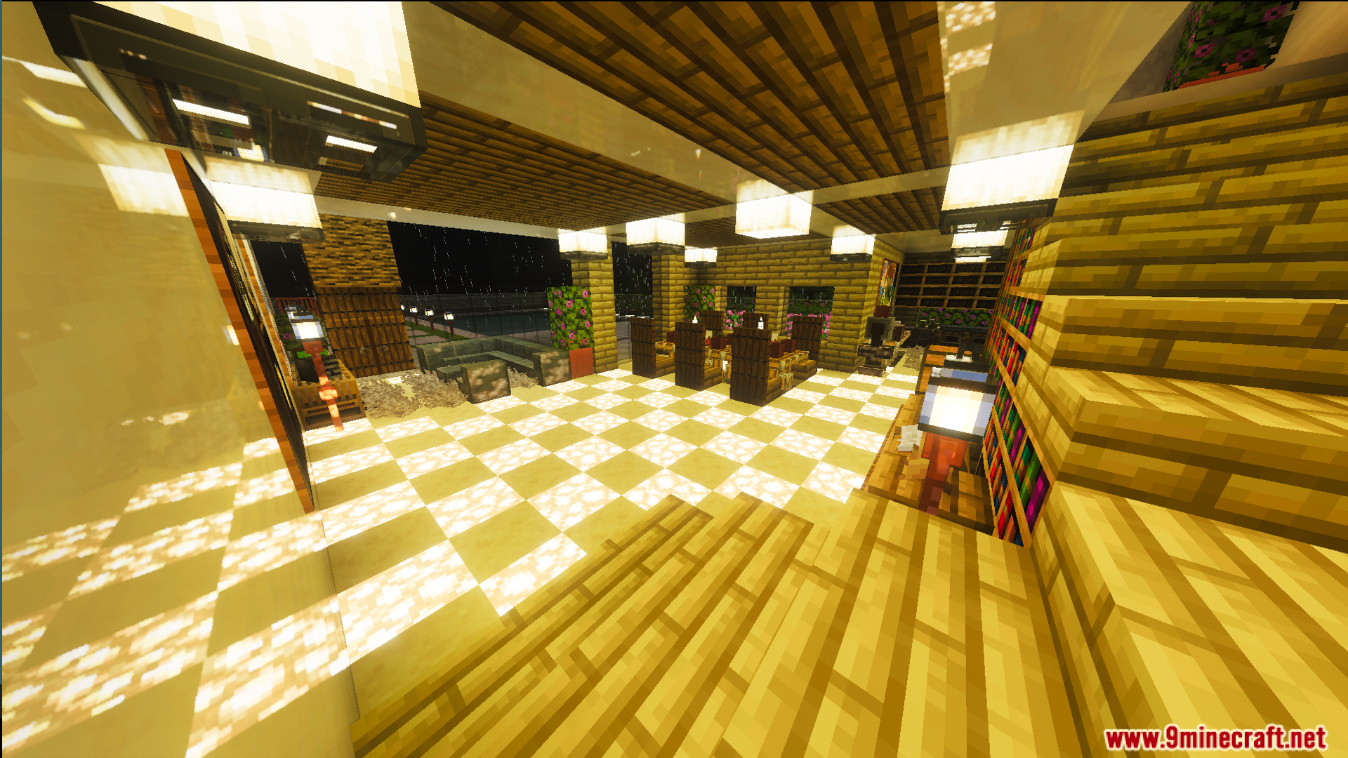 Survival Modern House 6 Map Screenshot 5 Survival Modern House Map interior with bookshelves and bright hanging lanterns