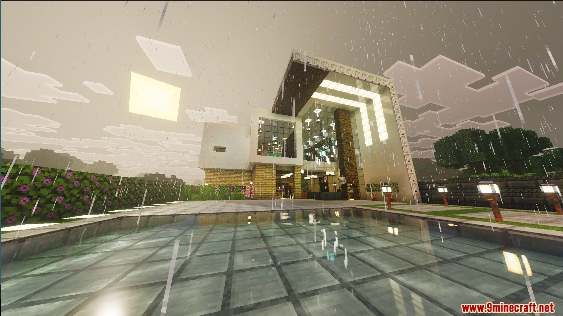 Survival Modern House 6 Map Screenshot 7 Survival Modern House 6 Map features a large pool and garden area