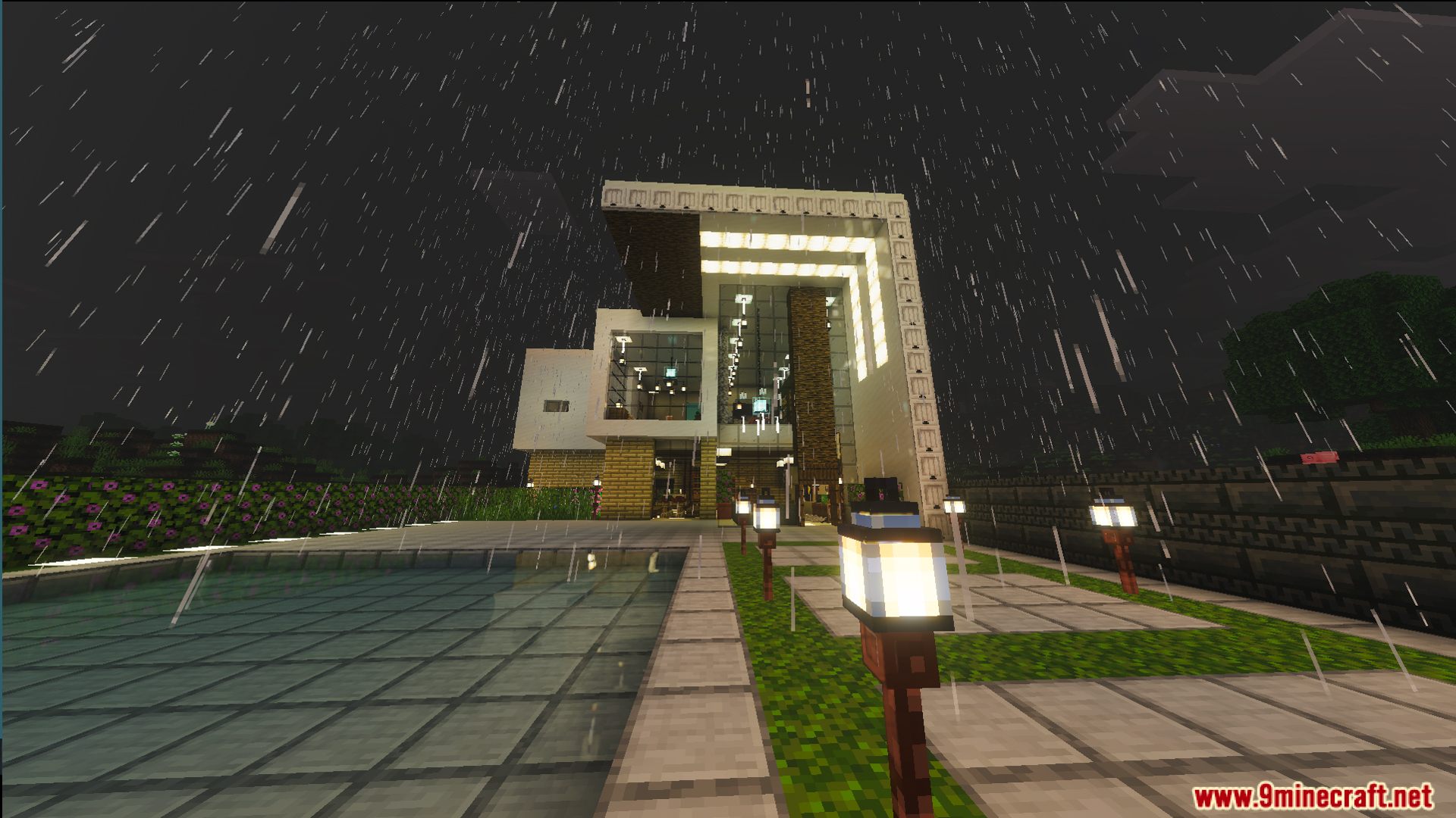 Survival Modern House 6 Map Screenshot 8 Modern house exterior with bright lanterns and glass windows in the rain