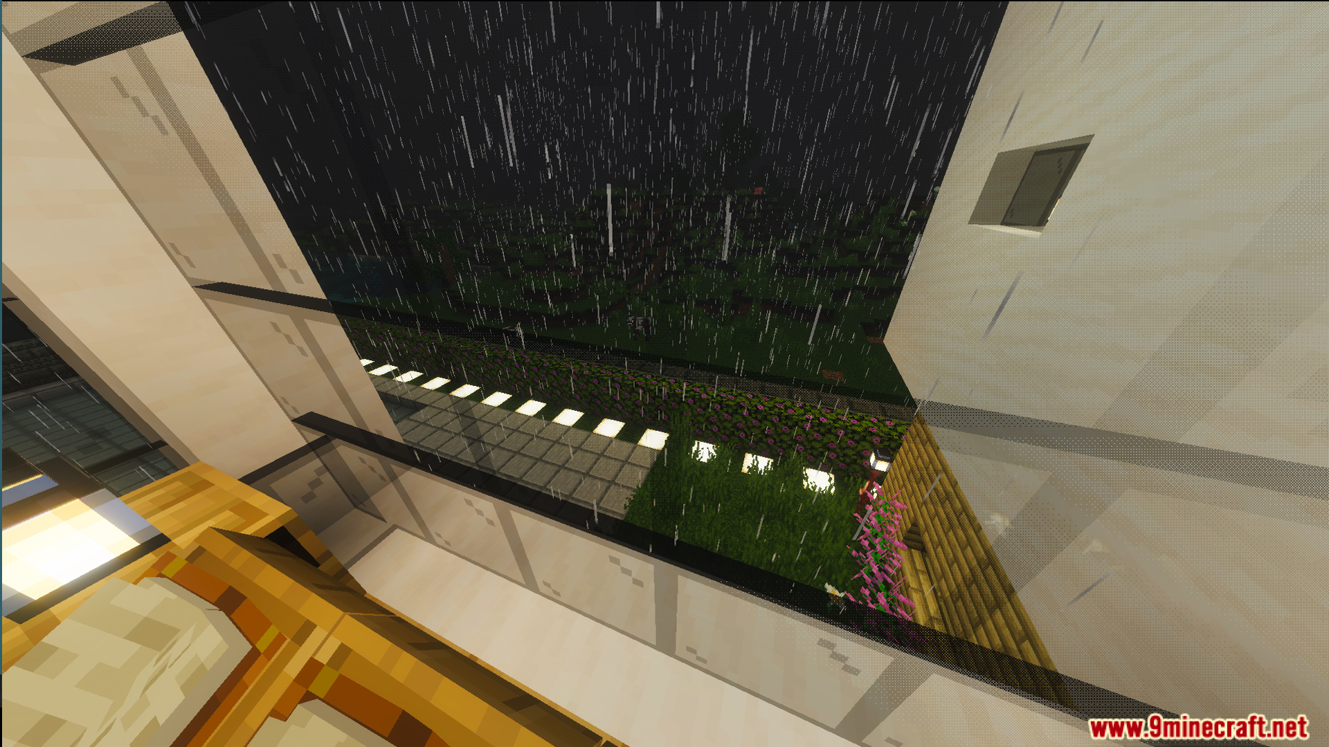 Survival Modern House 6 Map Screenshot 9 Rain falls outside a modern house balcony overlooking a garden with bright lights
