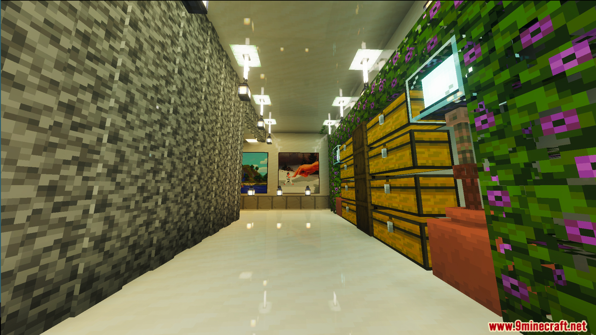 Survival Modern House 6 Map Screenshot 10 Interior of Survival Modern House Map with storage chests and hanging lanterns