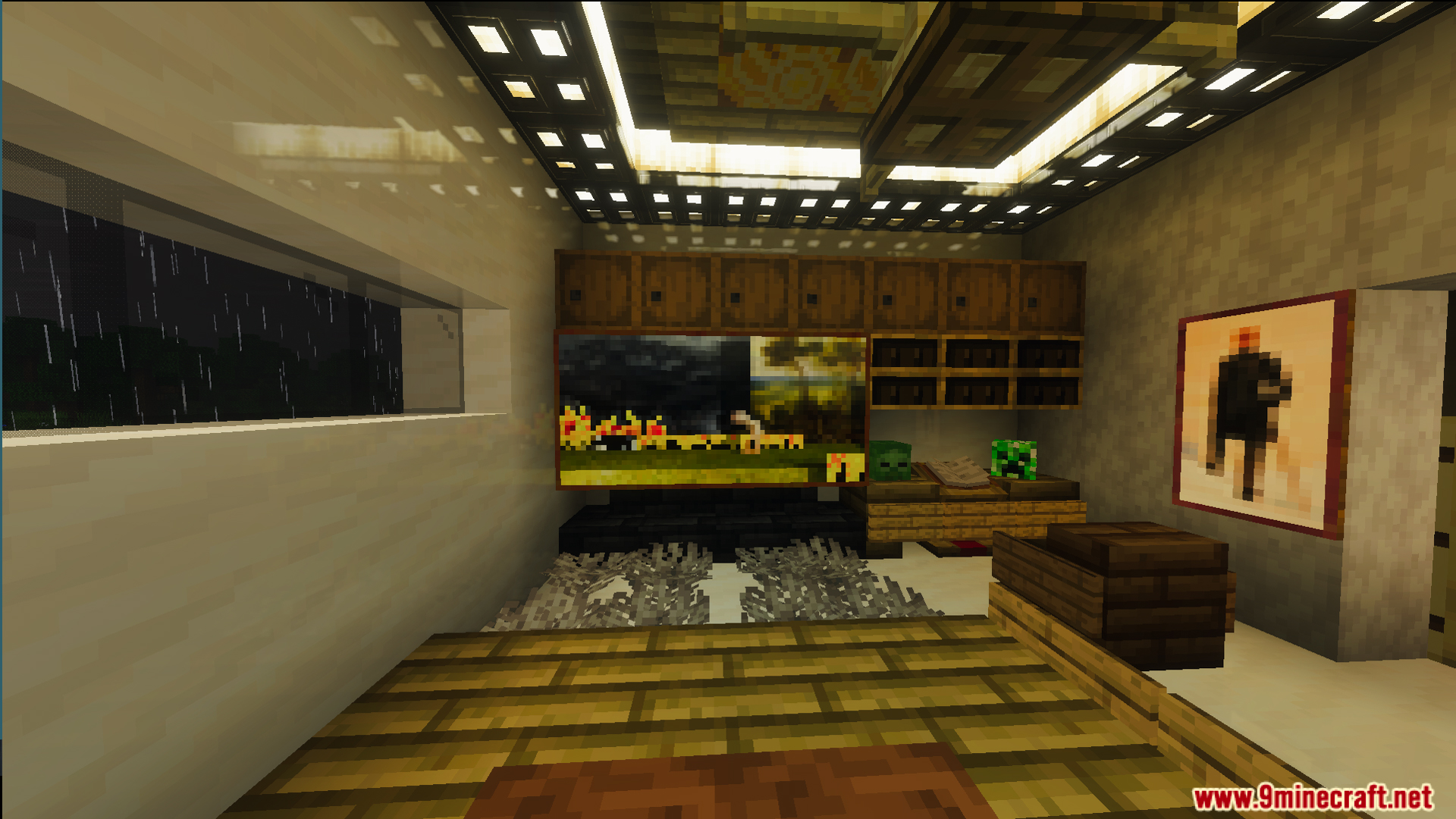 Survival Modern House 6 Map Screenshot 11 Modern house interior with bookshelves chests and large glass windows under bright lanterns