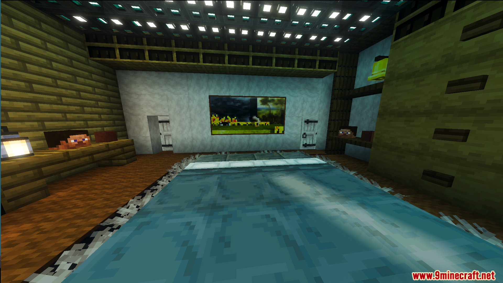 Decorated interior of Survival Modern House 97 Map with a blue bed
