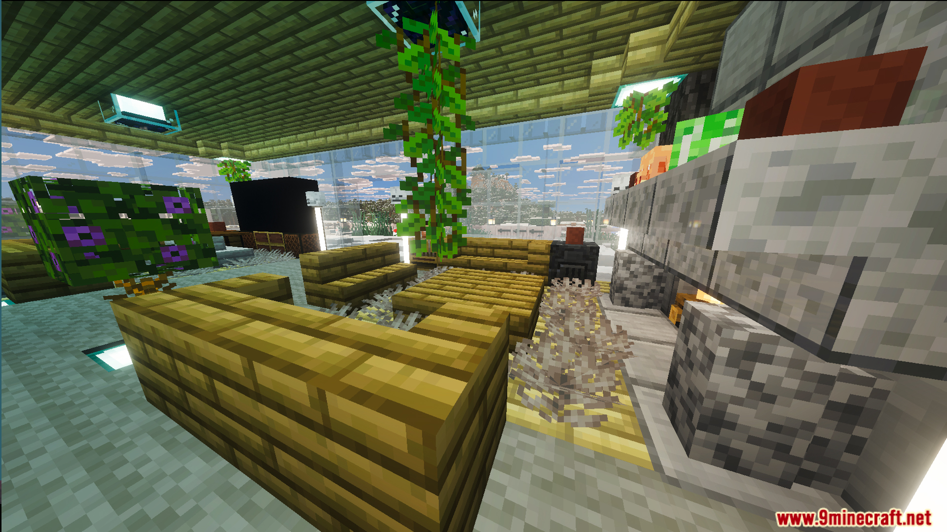 Cozy living room with wooden furniture and a stone fireplace in a snowy biome