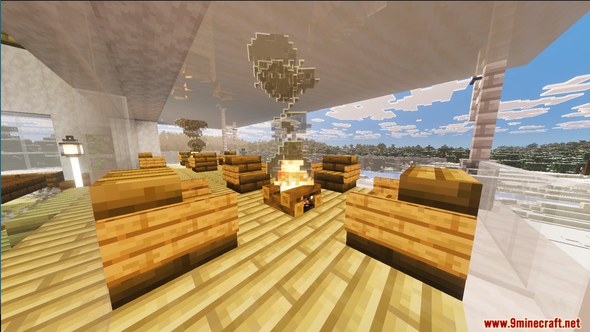 Cozy rooftop area with a campfire and wooden chairs in snowy biome