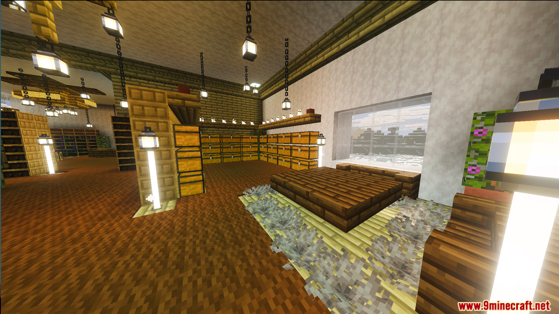 Cozy modern bedroom with wooden bed and many storage chests in snowy biome