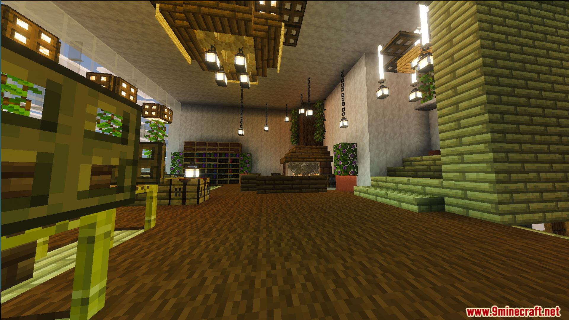 Interior of Survival Modern House 97 Map featuring wooden furniture and hanging lanterns