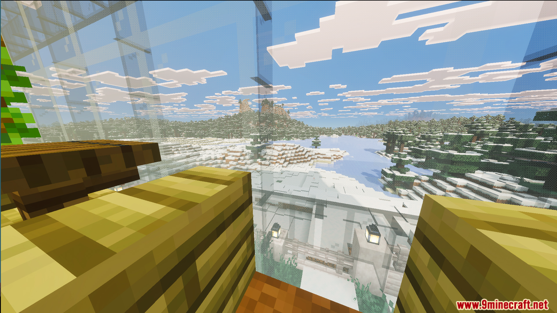 View from the glass building looking out at a cold snowy biome landscape