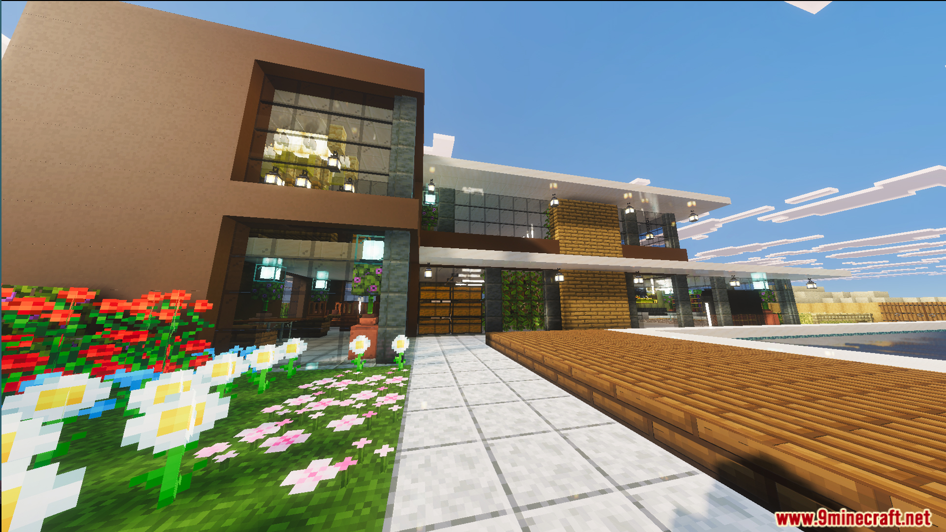 Survival Modern House Map features a stylish home with colorful flowers