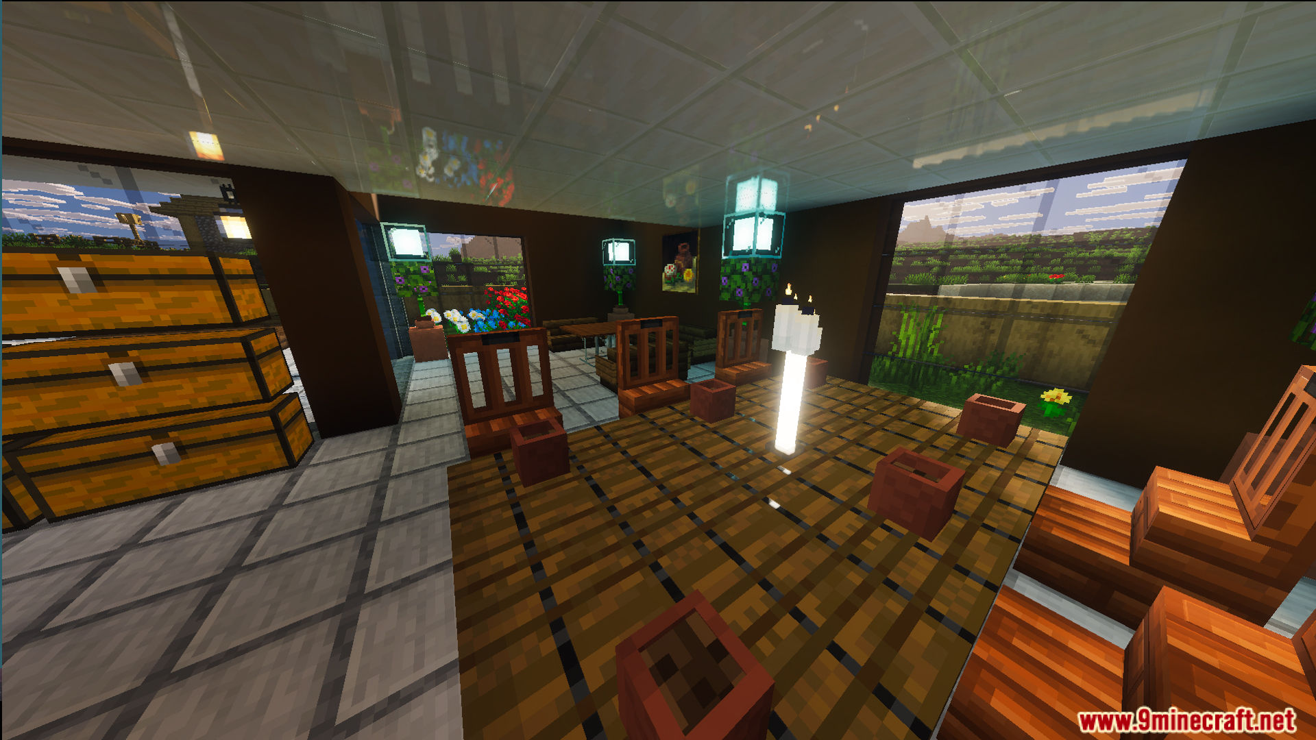 Interior of Survival Modern House 41 with a dining table and storage chests