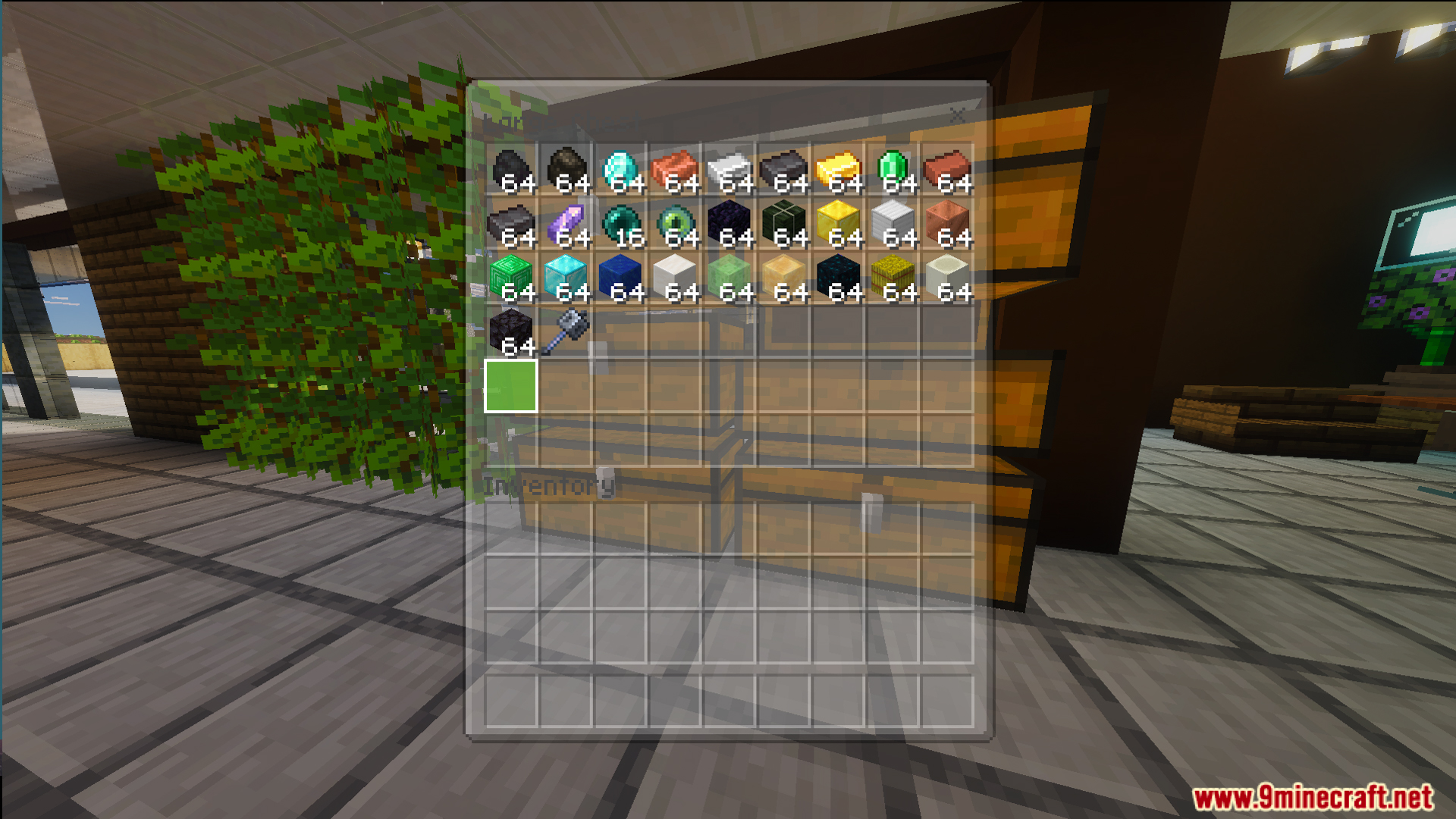 Chest inventory showing stacks of diamonds netherite and other valuable survival resources