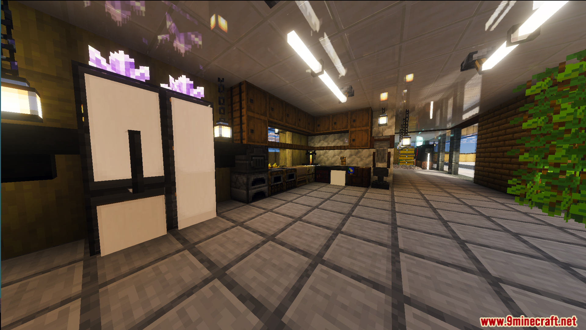 Modern kitchen interior with a white refrigerator in Survival Modern House 41 Map