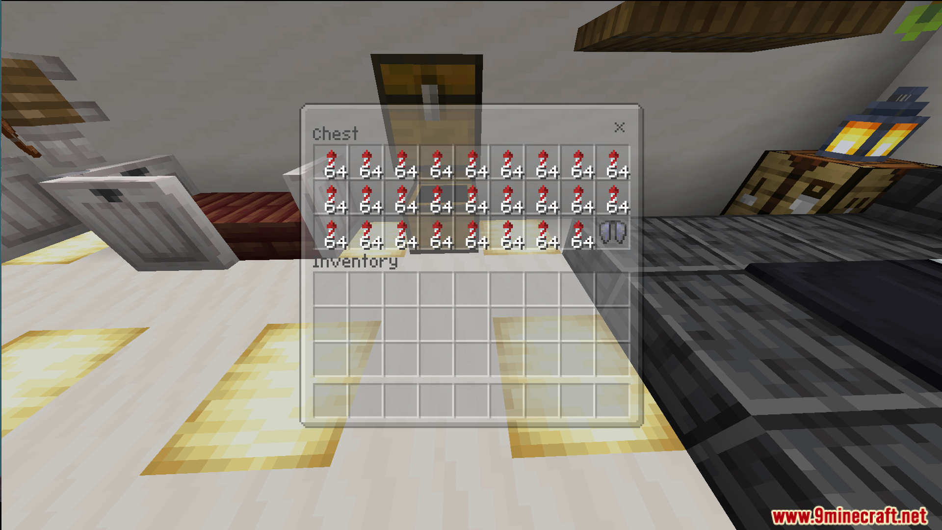 Chest inventory showing useful items hidden inside the custom furniture